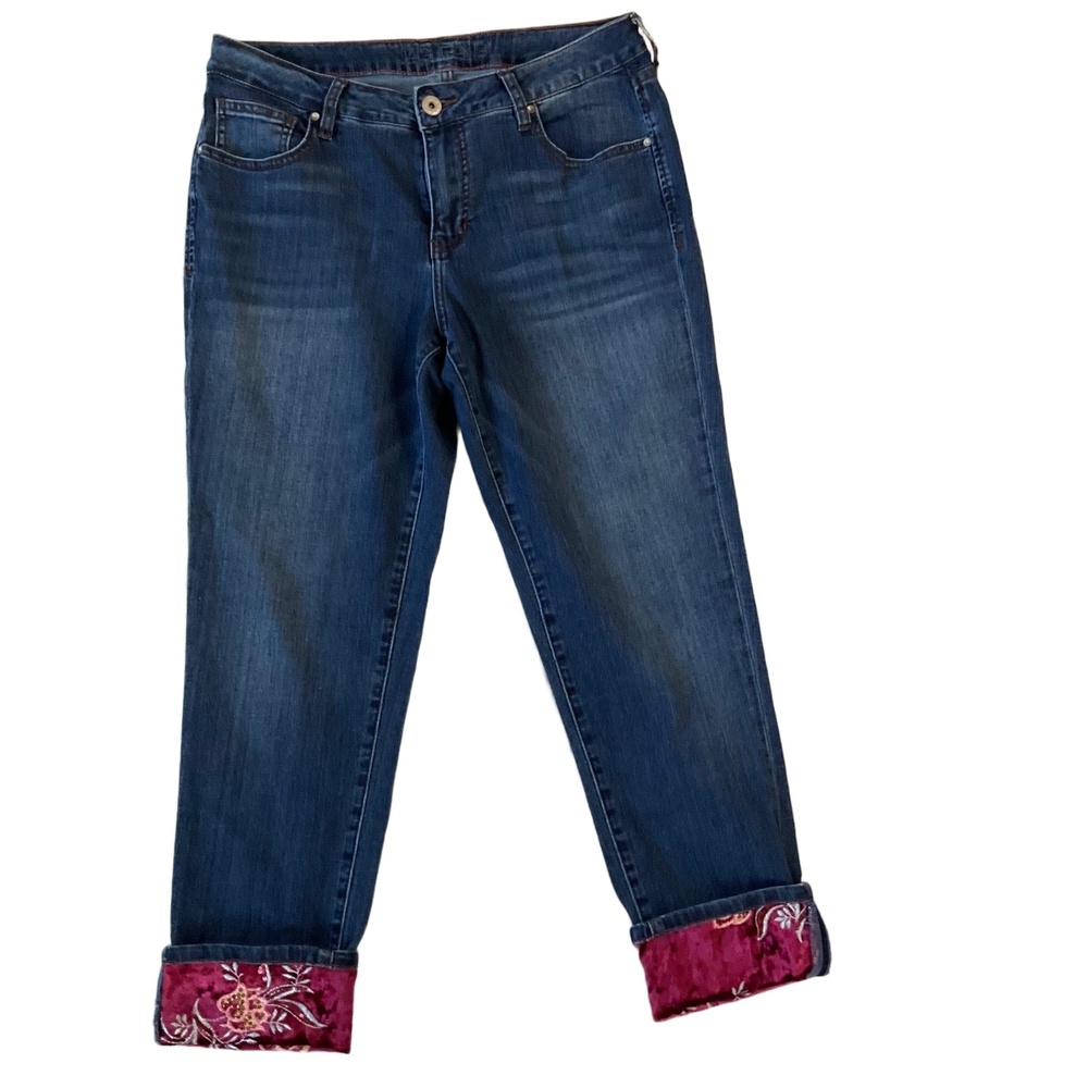 JAG Blue Denim Velvet Embroidered Cuff Floral‎ Detail Cuffed Jeans Girlfriend 12
